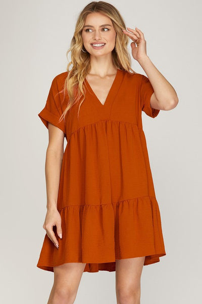 Short Sleeve V-Neck Tiered Woven Dress