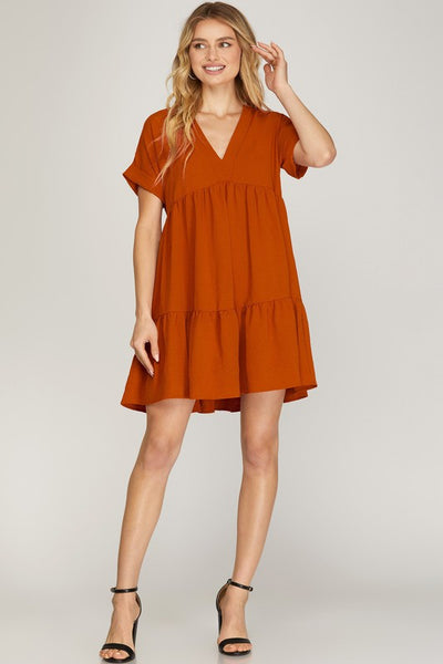 Short Sleeve V-Neck Tiered Woven Dress