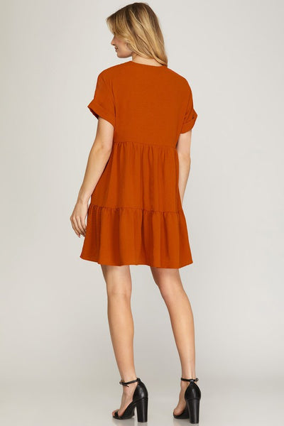 Short Sleeve V-Neck Tiered Woven Dress