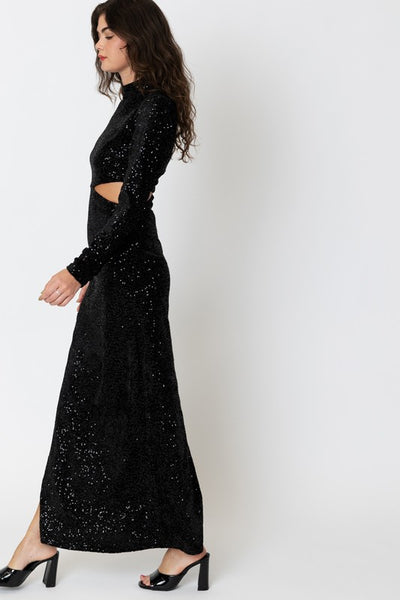 Sequin Turtle Neck Waist Cut Maxi