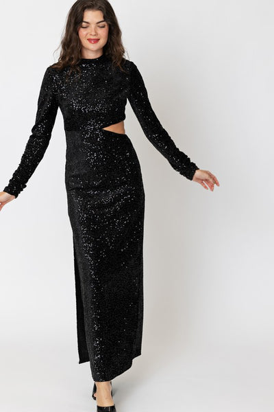 Sequin Turtle Neck Waist Cut Maxi