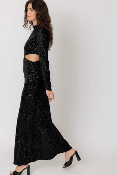 Sequin Turtle Neck Waist Cut Maxi