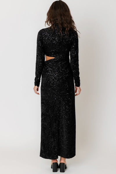 Sequin Turtle Neck Waist Cut Maxi