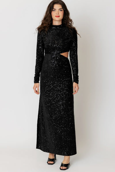 Sequin Turtle Neck Waist Cut Maxi