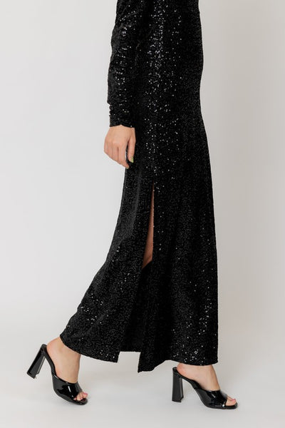 Sequin Turtle Neck Waist Cut Maxi