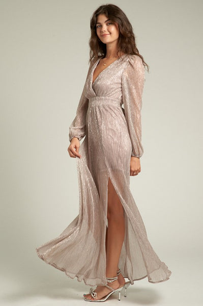 Glitter V Neck Long Sleeve Maxi Dress