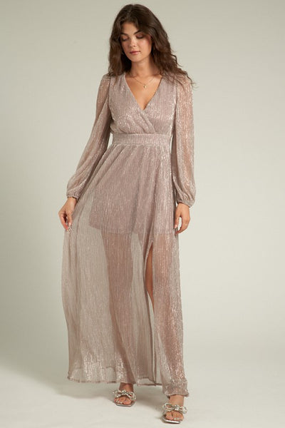 Glitter V Neck Long Sleeve Maxi Dress