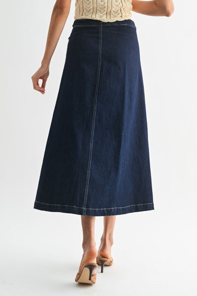 Dark Wash Denim Midi Skirt