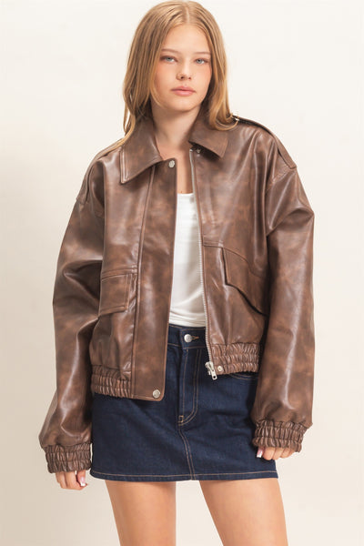 Faux Leather Collared Bomber Jacket