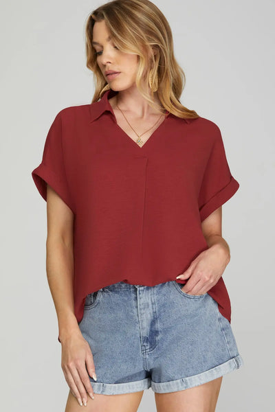Drop Shoulder Collared Woven Top