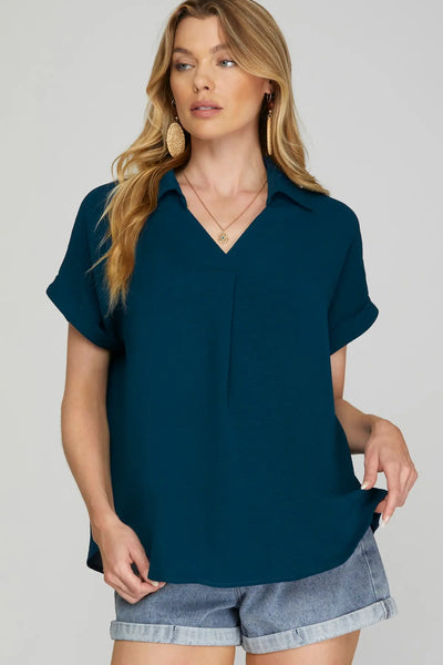Drop Shoulder Collared Woven Top