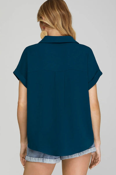 Drop Shoulder Collared Woven Top