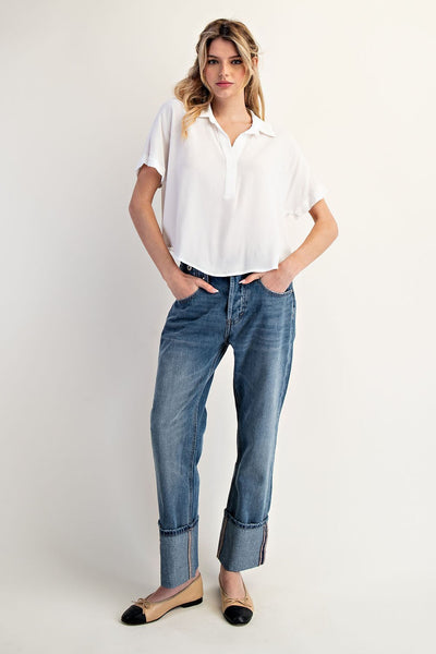 Solid V-Neck Short Sleeve Top