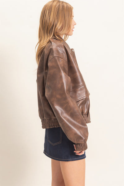 Faux Leather Collared Bomber Jacket