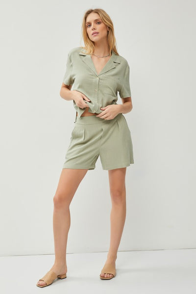 High Rise Linen Blend Pleated Trouser Shorts