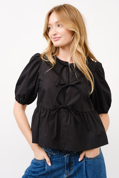 Poplin Front Bow Tie Peplum Blouse