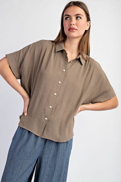 Solid Button Down Top With Short Sleeves