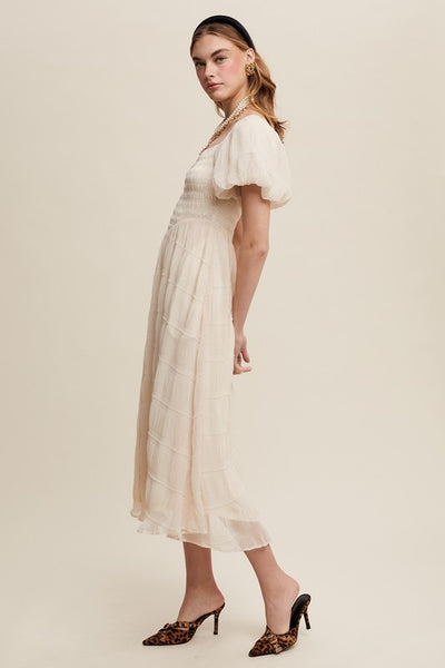Smocked Puff Sleeve Midi Dress