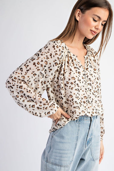 Leopard Printed Long Sleeve Blouse Top