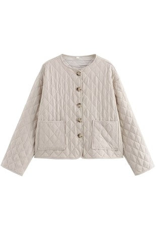 Solid Round Neck Button Front Quilted Jacket