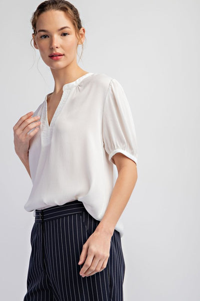 Notched Neck Short Sleeve Blouse Top