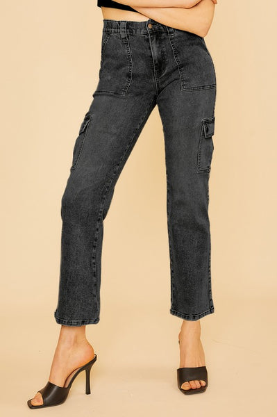 Lyocell Stretch High Rise Cargo Denim Jeans