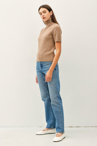 Wool Blend Turtleneck Short Sleeve Sweater