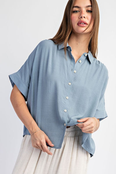 Solid Button Down Top With Short Sleeves