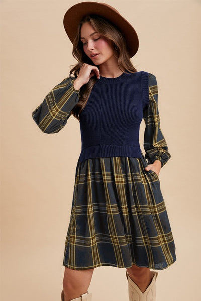 Plaid Contrast Rib Sweater Dress