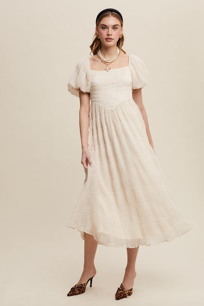 Smocked Puff Sleeve Midi Dress
