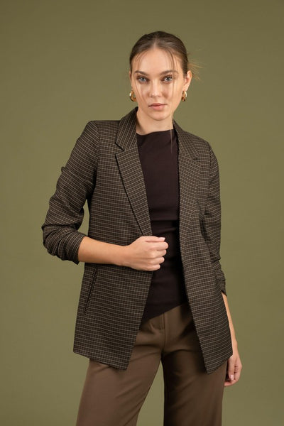 Plaid Ruched Sleeve Blazer