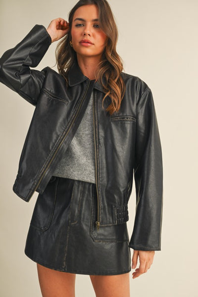 Washed Leather Zip Up Jacket