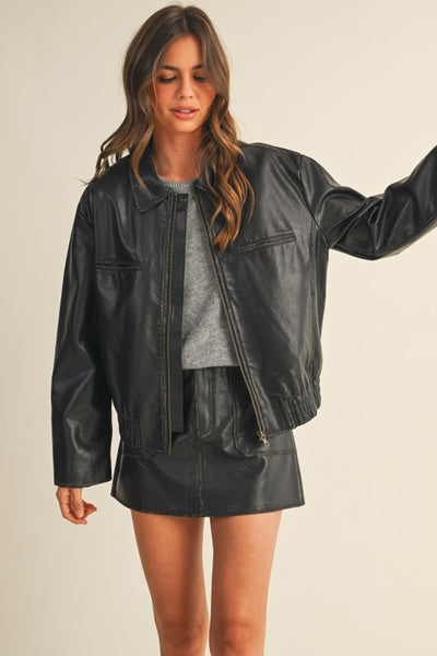 Washed Leather Zip Up Jacket