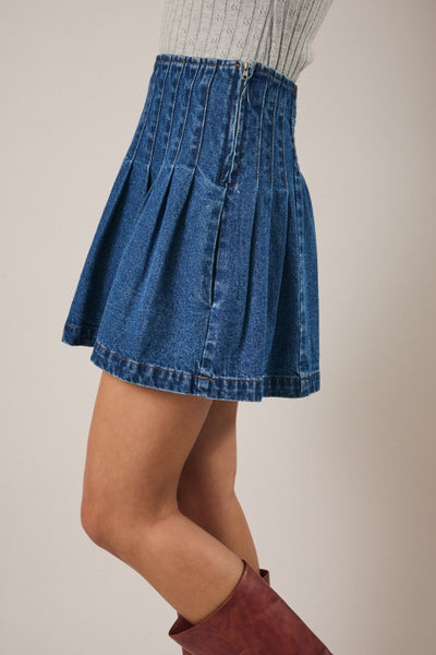 Pleated Detail Denim Mini Skirt