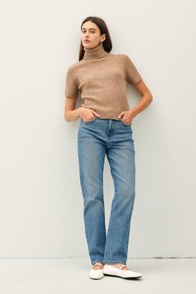 Wool Blend Turtleneck Short Sleeve Sweater