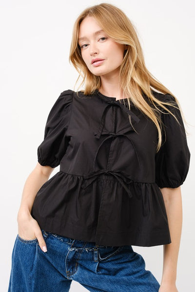 Poplin Front Bow Tie Peplum Blouse