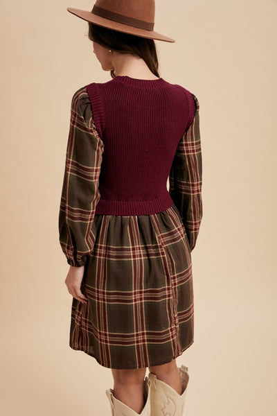 Plaid Contrast Rib Sweater Dress