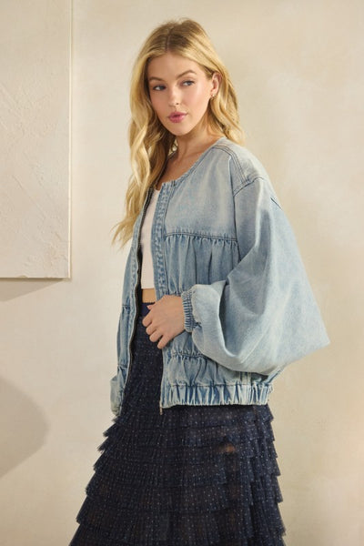 Tiered Ruched Denim Jacket