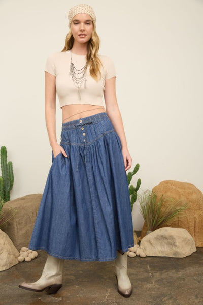 Elastic Denim Maxi Skirt