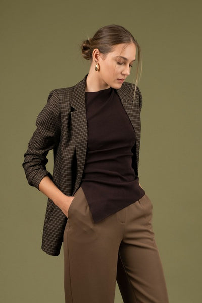 Plaid Ruched Sleeve Blazer