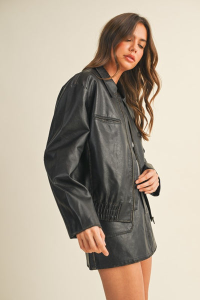 Washed Leather Zip Up Jacket