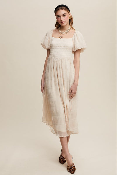 Smocked Puff Sleeve Midi Dress
