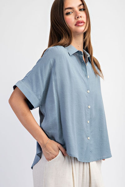 Solid Button Down Top With Short Sleeves