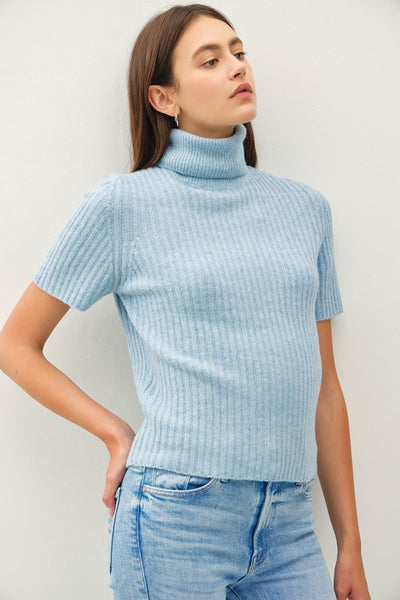 Wool Blend Turtleneck Short Sleeve Sweater
