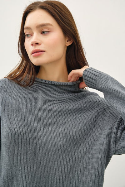 Chunky Raw Edge Mock Neck Sweater