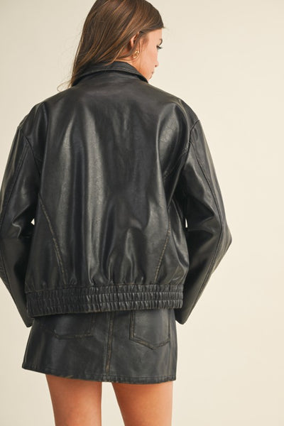 Washed Leather Zip Up Jacket