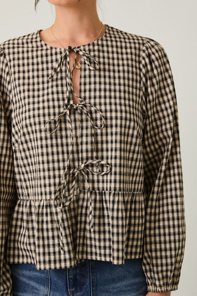 Front Tie Plaid Blouse
