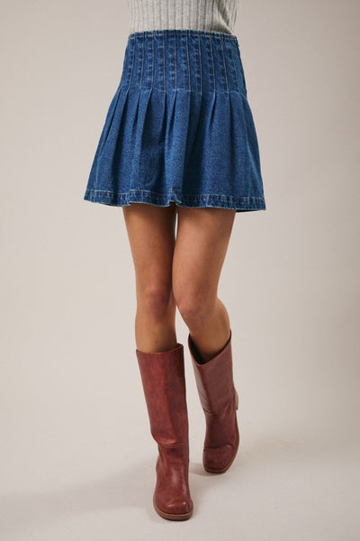 Pleated Detail Denim Mini Skirt