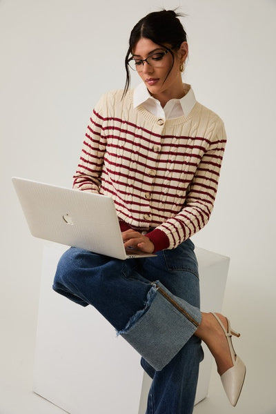 Stripe Cable Sweater Cardigan