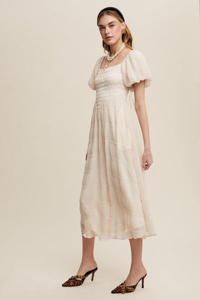 Smocked Puff Sleeve Midi Dress